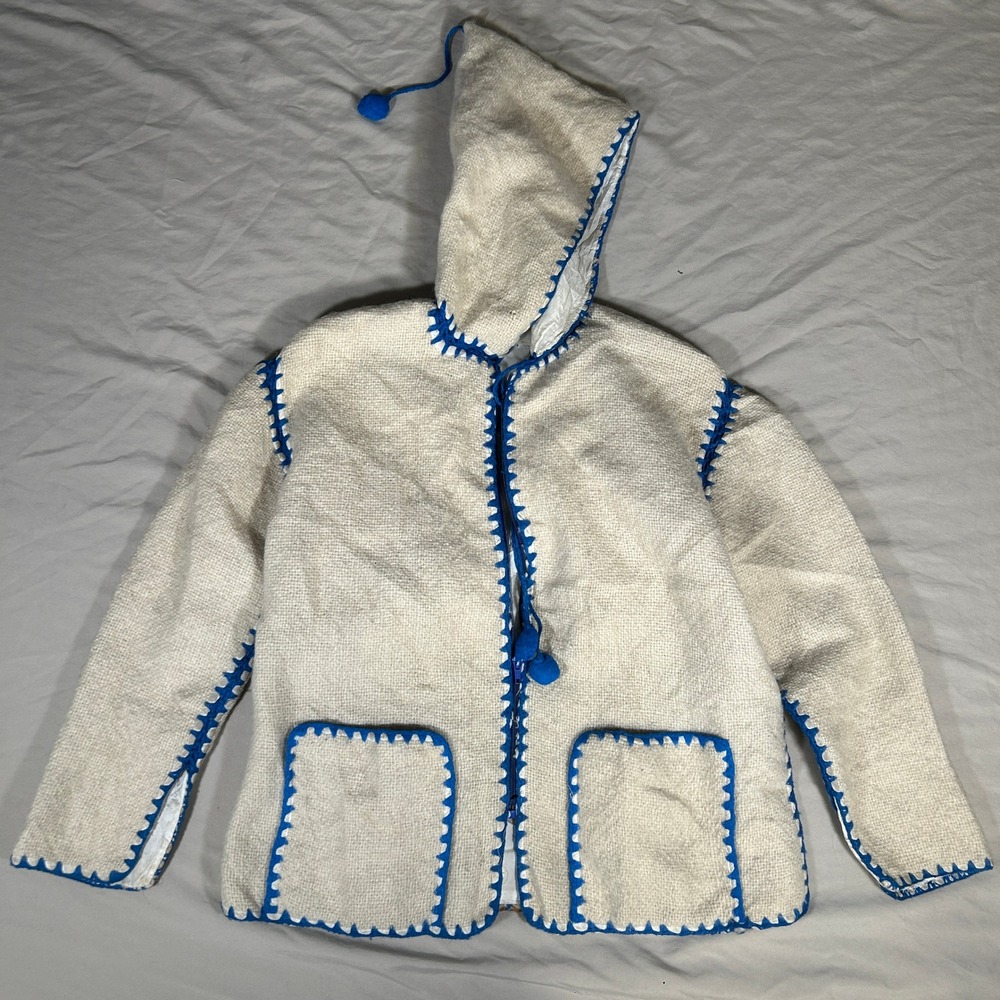 Vintage Handmade Hooded Wool Jacket Blue Blanket Stitch Zip Up Boho Men Large